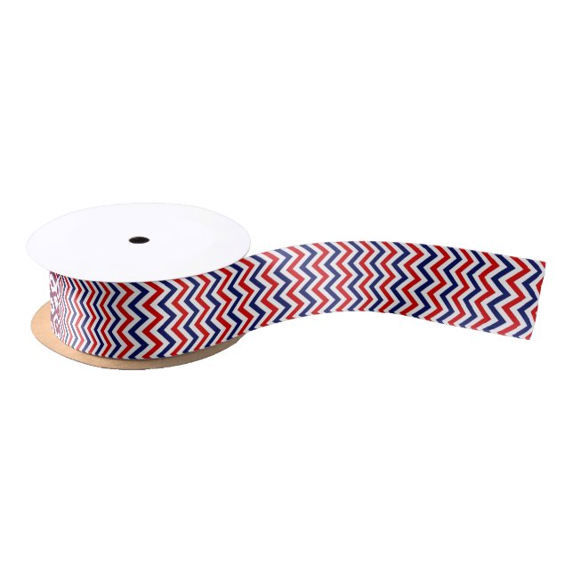 Red, Navy Blue Large Chevron ZigZag Pattern Satin Ribbon (Spool)