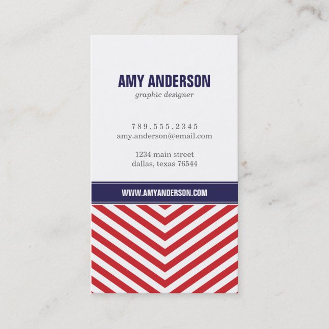 Red & Navy Blue Modern Chevron Stripes Business Card (Front)
