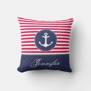 Red Navy Blue Nautical Anchor Design Custom Name Cushion
