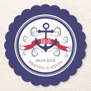 Red & Navy-blue nautical anchor wedding monograms Paper Coaster
