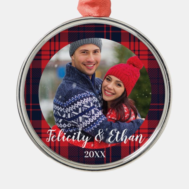 Red & Navy Blue Plaid Lumberjack Holiday Christmas Metal Tree Decoration (Front)