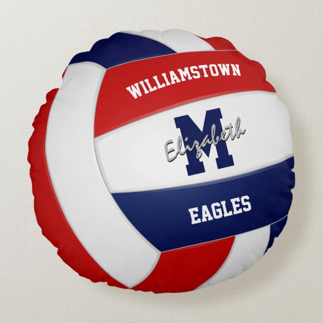 red navy blue team colours volleyball gifts round cushion (Front)
