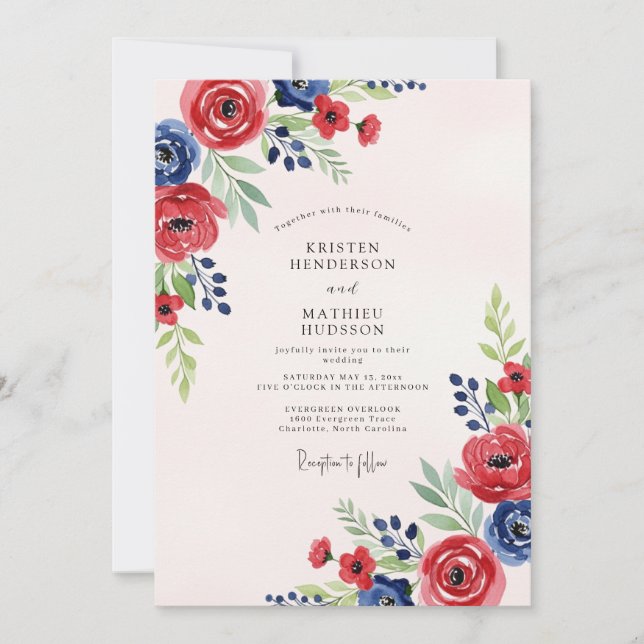 Red Navy Blue Watercolor Summer Wedding Invitation (Front)