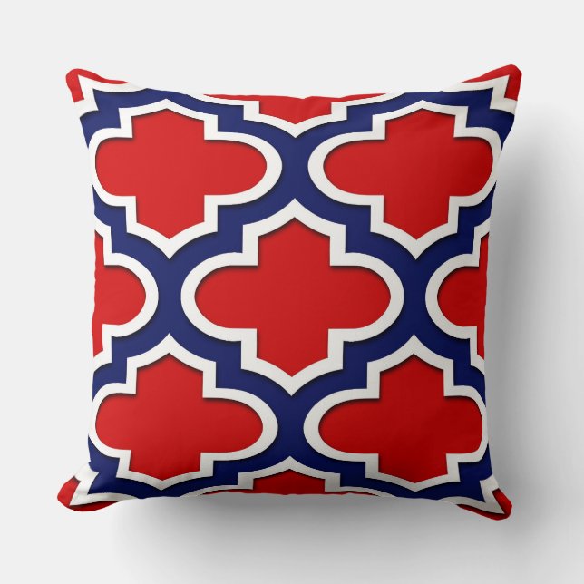 Red, Navy Blue, Wht Lg Moroccan Quatrefoil #3DS Cushion (Front)