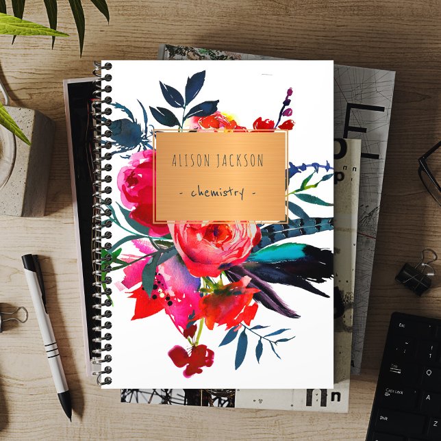 Red navy boho bouquet copper label trendy school spiral notebook (Creator Uploaded)