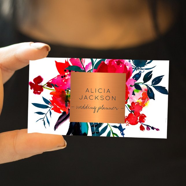 Red navy bouquet glam copper gold wedding planner business card (Creator Uploaded)