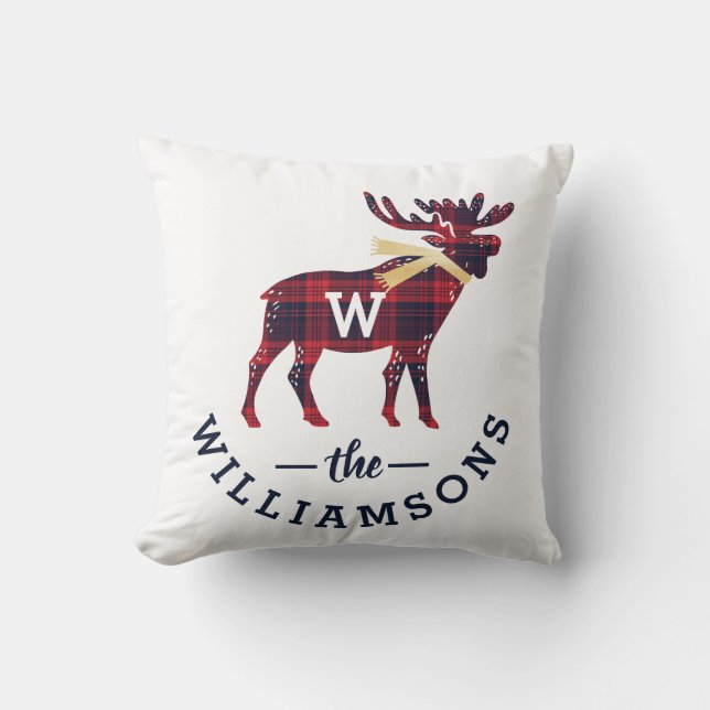 Red & Navy Buffalo Plaid Moose Monogram Christmas Cushion (Front)