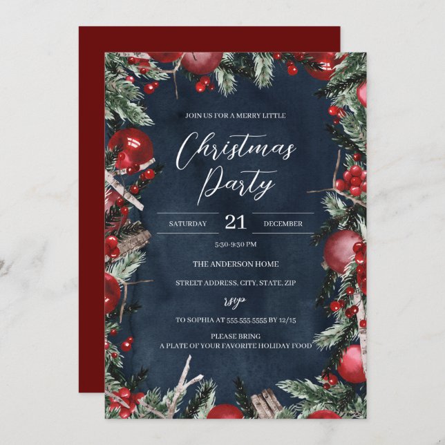 Red Navy Christmas Wreath Festive Floral Party Invitation (Front/Back)