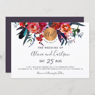 Red navy floral boho chic monogrammed wedding invitation
