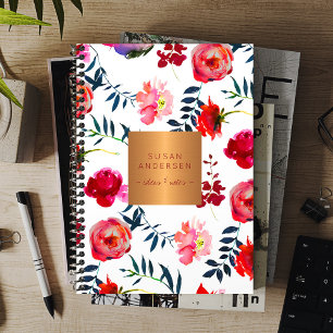 Red navy floral elegant rose gold copper metallic planner