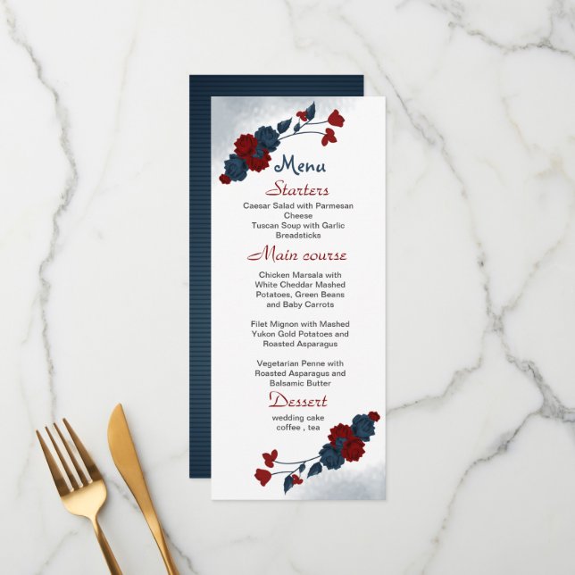 red & navy flowers beautiful wedding menu (Front/Back In Situ)