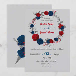 red & navy flowers botanical wreath wedding invitation