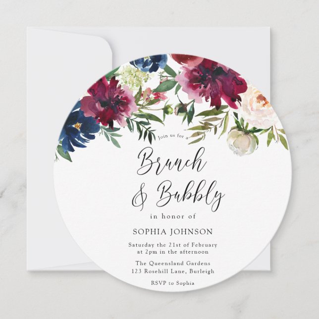 Red & Navy Flowers Brunch & Bubbly Bridal Shower Invitation (Front)