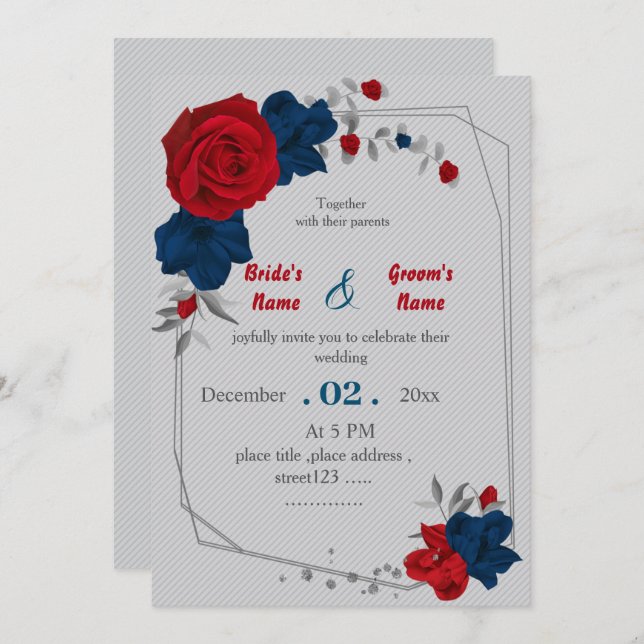 red & navy flowers geometric wedding invitation (Front/Back)