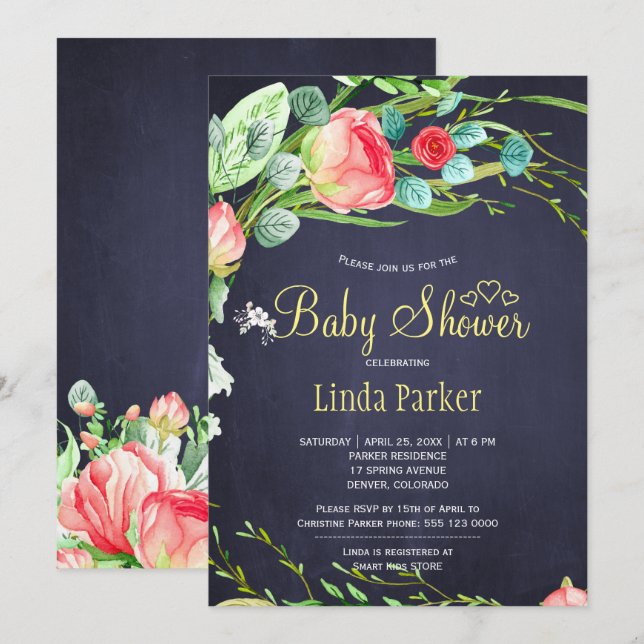 Red navy garden roses wreath elegant baby shower invitation (Front/Back)