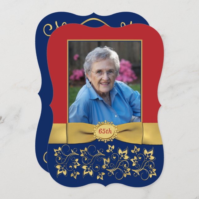 Red, Navy, Gold 65th Photo Birthday Invitation 2 (Front/Back)