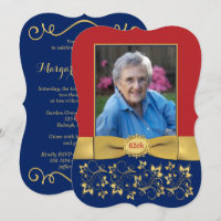 Red, Navy, Gold 65th Photo Birthday Invitation 2