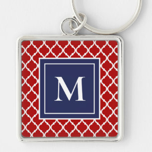 Red Navy Modern Monogram Quatrefoil Nautical Beach Key Ring