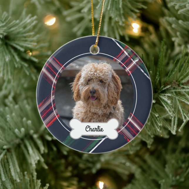 Red Navy Plaid Custom Pet Puppy Dog Photo Ceramic Tree Decoration (Tree)