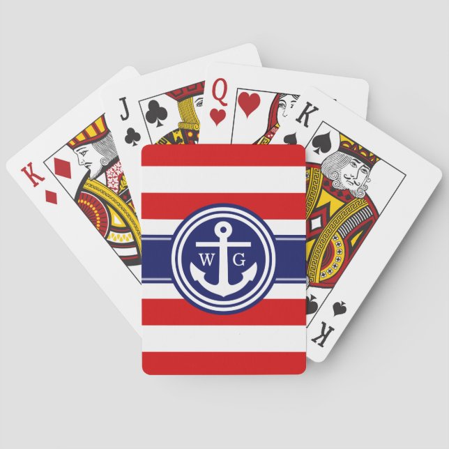 Red Navy Preppy Stripe Anchor Monogram Playing Cards (Back)