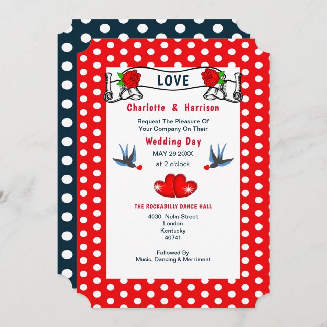 Red Navy Rockabilly Polka Dot Wedding Invitation (Front/Back)