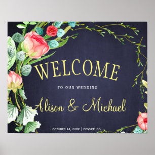 Red navy roses garden wedding welcome sign