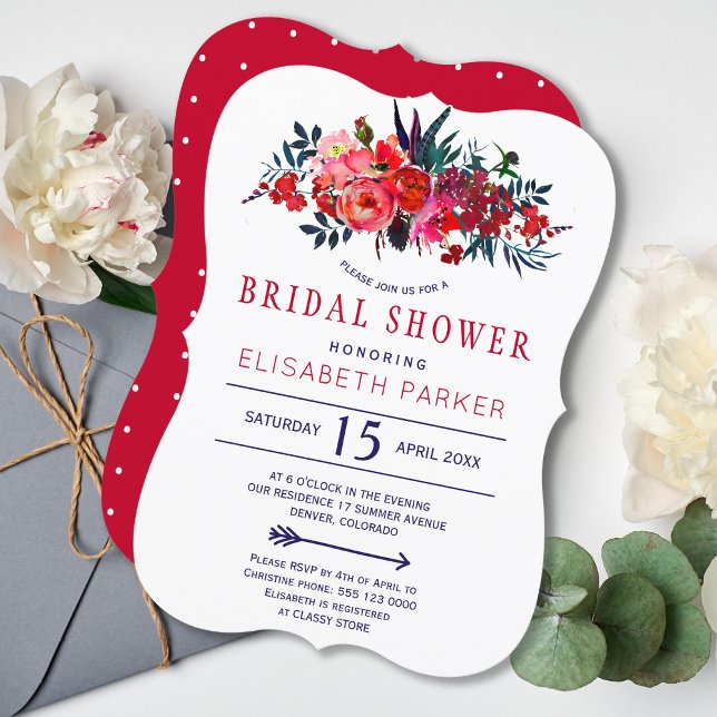 Red navy rustic bohemian floral bridal shower invitation (Creator Uploaded)