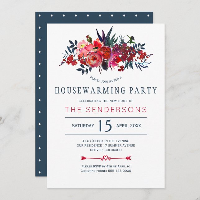 Red navy rustic boho floral housewarming party invitation (Front/Back)