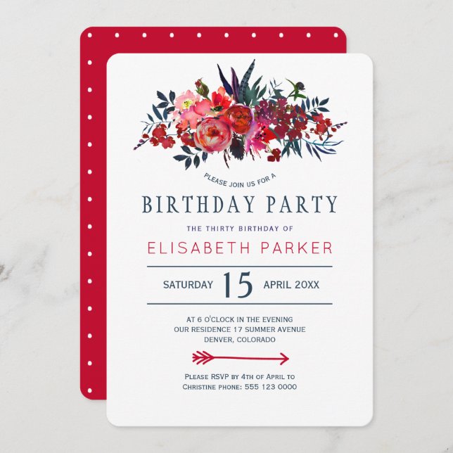 Red navy rustic floral bohemian thirty birthday invitation (Front/Back)