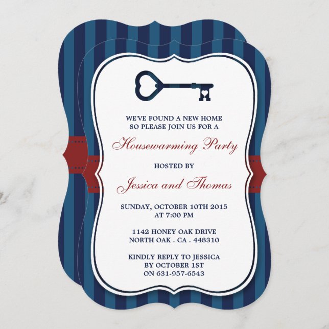 Red & Navy Stripe Heart Key New Home Housewarming Invitation (Front/Back)