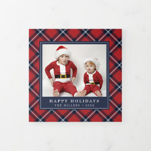 Red Navy Tartan Plaid Christmas Trifold Photo Card