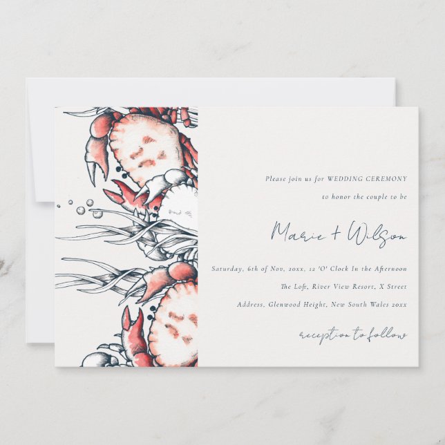 Red Navy Underwater Crab Coral Nautical Wedding Invitation (Front)