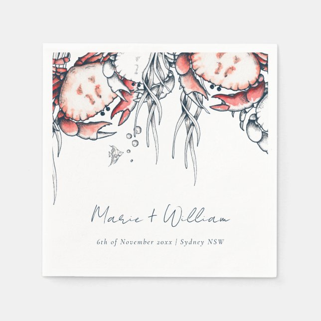Red Navy Underwater Crab Coral Nautical Wedding Napkin (Front)