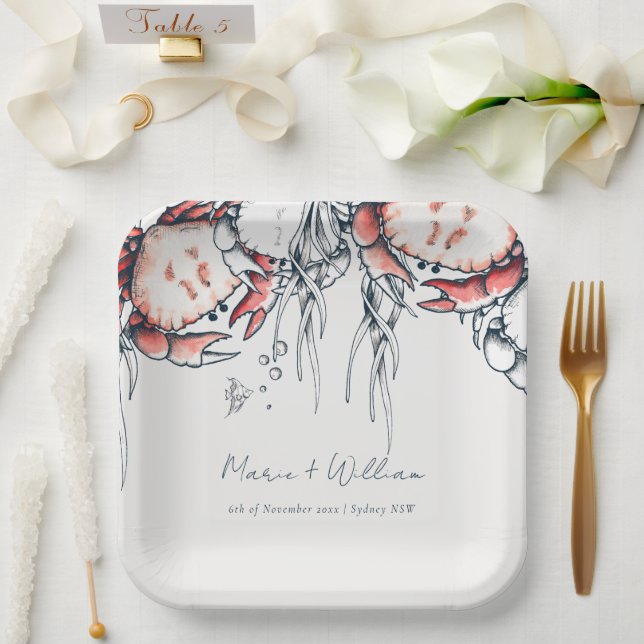 Red Navy Underwater Crab Coral Nautical Wedding Paper Plate (Wedding)