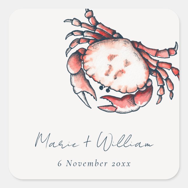 Red Navy Underwater Crab Coral Nautical Wedding Square Sticker (Front)