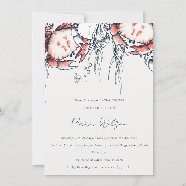 Red Navy Underwater Crab Nautical Bridal Shower Invitation (Front)