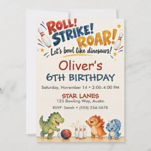Red Navy Watercolor Dinosaur Bowling Birthday Invitation
