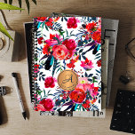 Red Navy Watercolor Floral Copper Monogram Name Planner<br><div class="desc">Romantic glam maximalist feminine planner with spring and summer watercolor red, coral, burnt orange, dark midnight blue and green hand painted blooms, feathers and foliage. Personalise it with your monogram and name inside the metallic copper circle with an elegant editable script calligraphy typeface! It can be a very nice personalised...</div>