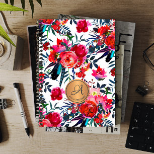 Red Navy Watercolor Floral Copper Monogram Name Planner