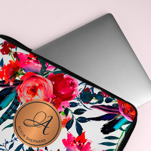 Red Navy Watercolor Floral Pattern Copper Monogram Laptop Sleeve