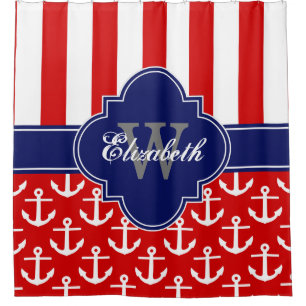Red Navy White LG Anchor Stripe 1ICBR Monogram Shower Curtain