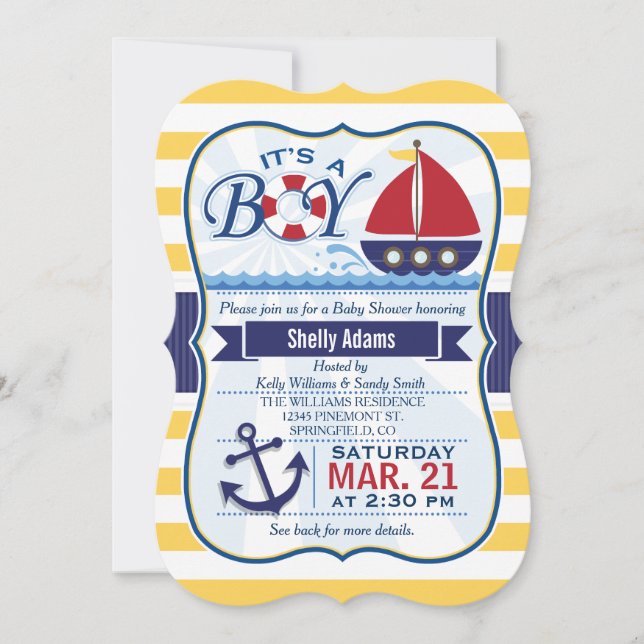 Red, Navy, & Yellow Nautical Sailboat Baby Shower Invitation (Front)