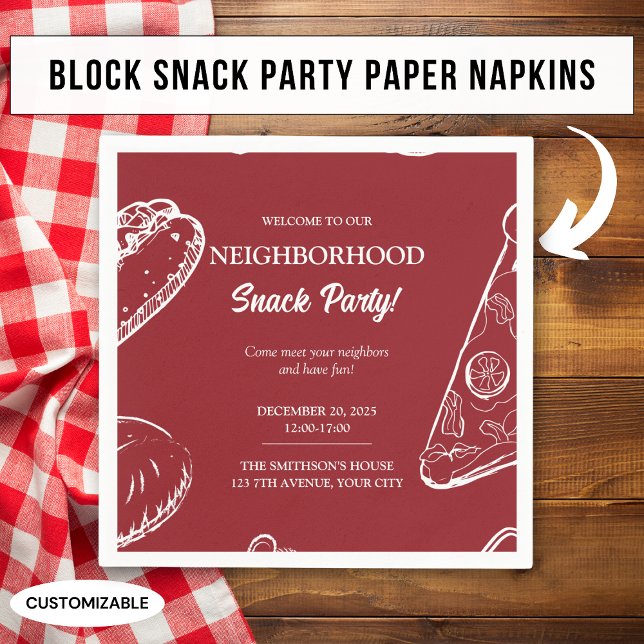Red Neighbourhood Fun Block Food Snack Party Napkin (Creator Uploaded)