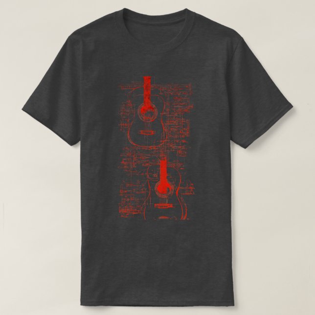 Red Neon Acoustic Guitar Da Vinci blueprint T-Shirt (Design Front)