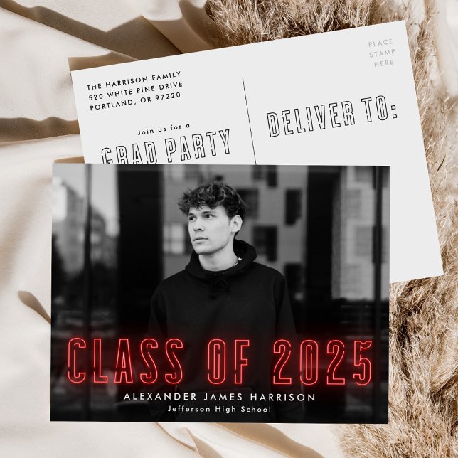 Red Neon Class of 2025 Photo Graduation Party Invitation Postcard (Creator Uploaded)