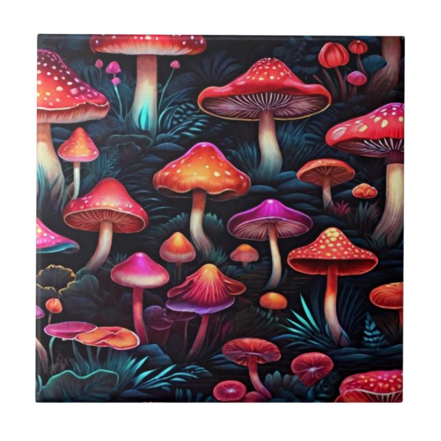  Red Neon Mushrooms - Exclusive Retro Art  Tile (Front)