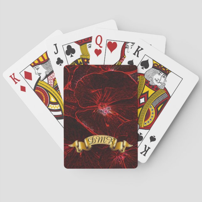 Red Neon Pansies With Monogram Playing Cards (Back)