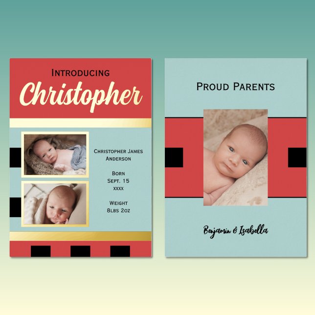 Red new baby announcement gold foil flat card (Creator Uploaded)
