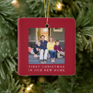 Red New Home Photo First Christmas  Ceramic Ornament
