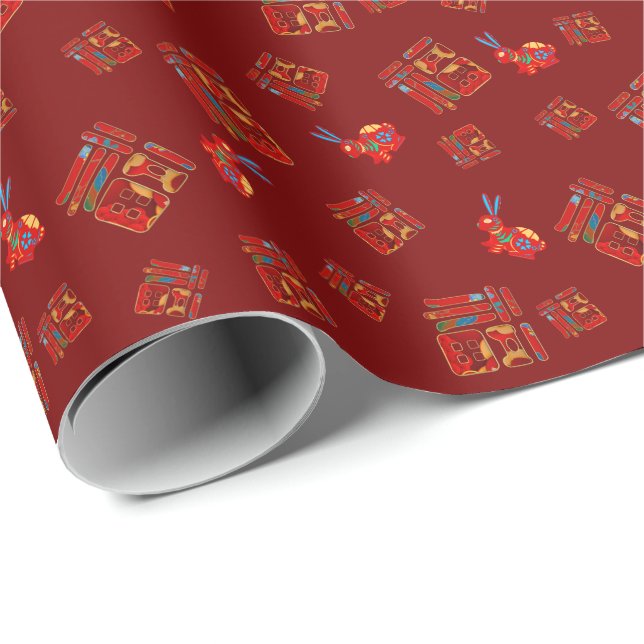 Red New Year 福 fu blessing Rabbit Wrapping Paper (Roll Corner)